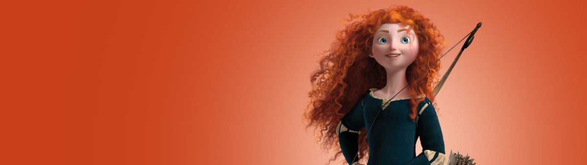 Merida stands confidently, her fiery red hair blowing in the wind, with a bow on her back. The background is a burnt orange hue.
