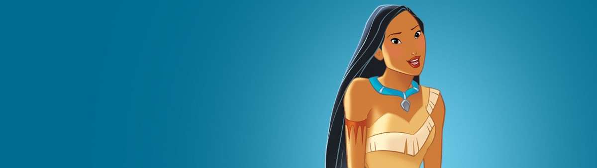 Cartoon Pocahontas standing confidently in front of a blue background.