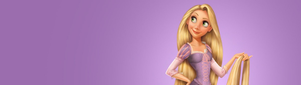 Rapunzel from Tangled strikes a sassy pose, hand on hip, other hand holding her long hair, against a purple graphic background.