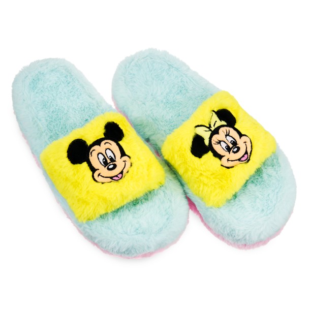 Mickey and Minnie Mouse Fuzzy Slippers for Adults