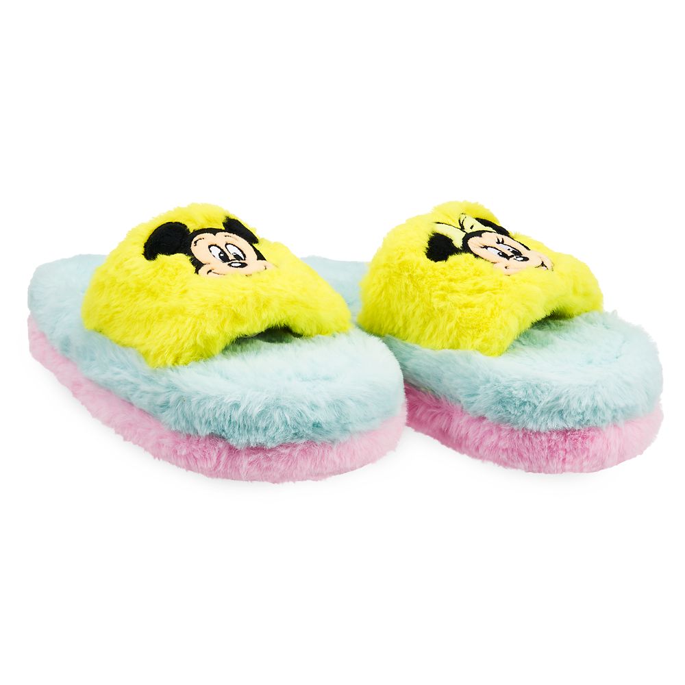 Mickey and Minnie Mouse Fuzzy Slippers for Adults