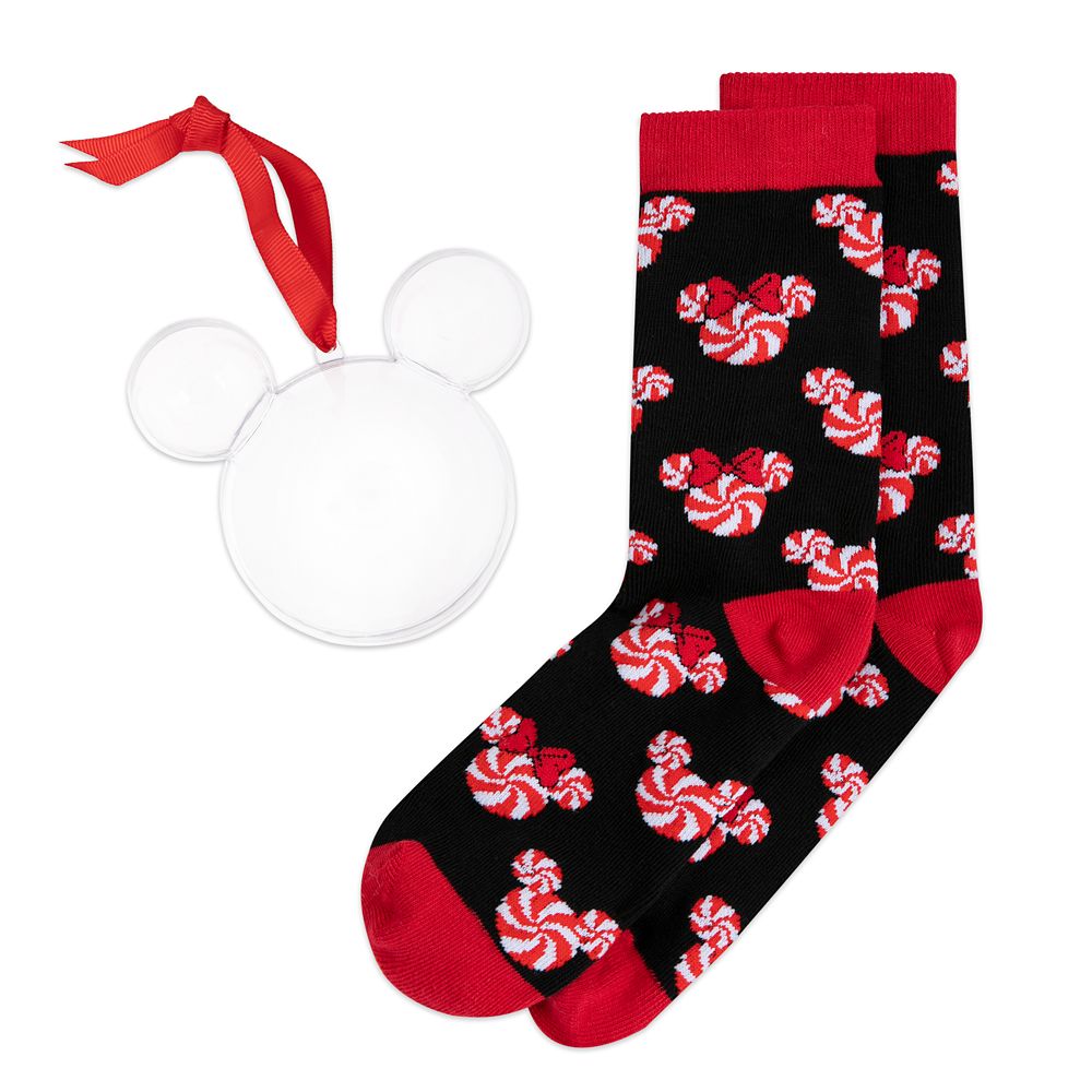 Mickey and Minnie Mouse Peppermint Twist Holiday Socks in Ornament for Adults