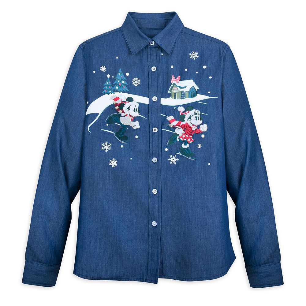 Mickey and Minnie Mouse Holiday Denim Shirt for Adults available online