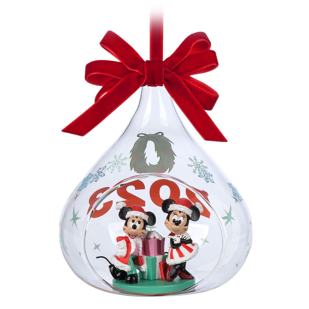 Santa Mickey Mouse and Minnie Mouse 2023 Glass Drop Sketchbook Ornament is available online for purchase