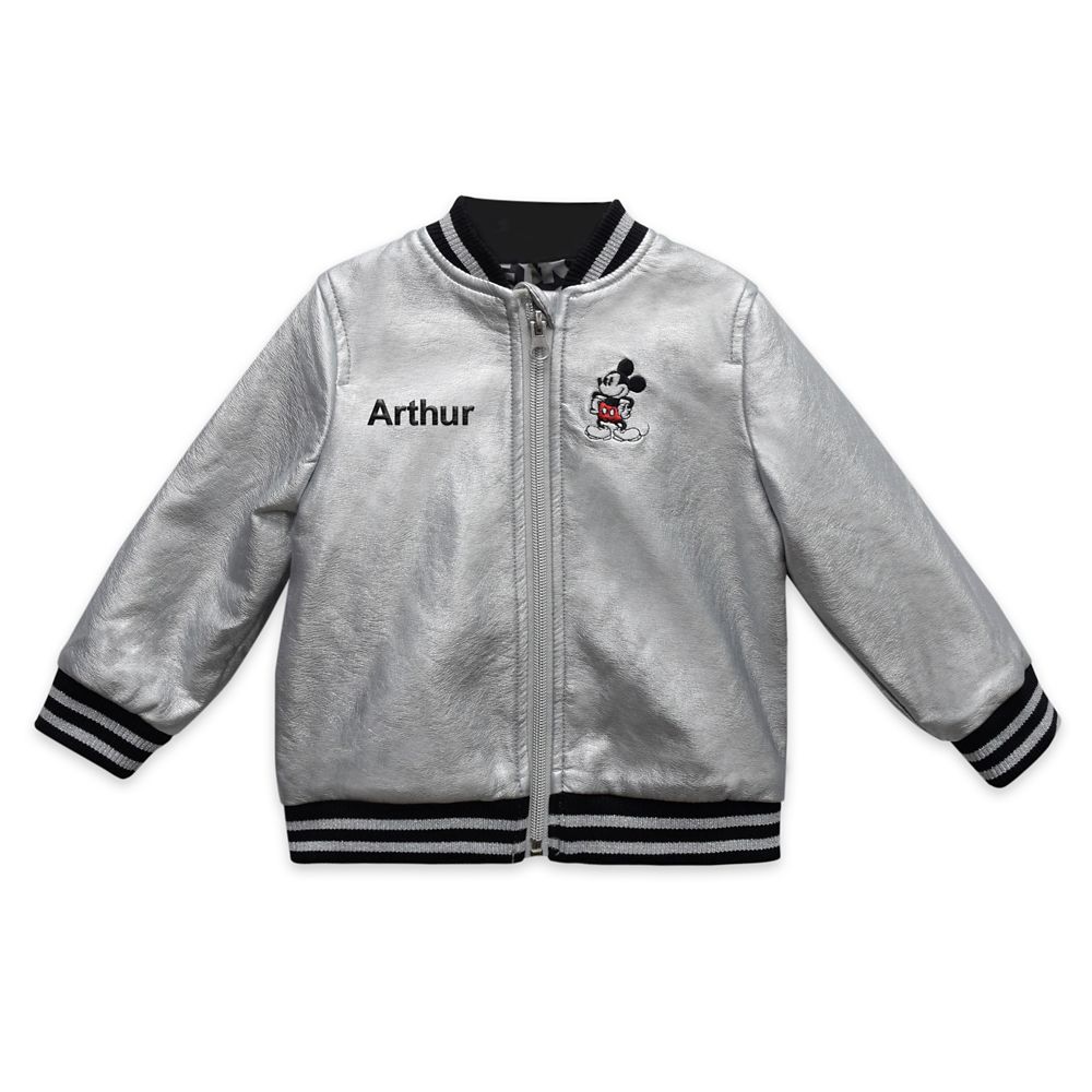 Mickey Mouse Grayscale Faux Leather Bomber Jacket for Baby here now