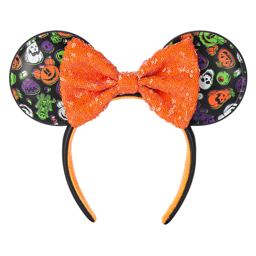 Minnie Mouse Glow-in-the-Dark Halloween Ear Headband with Sequined Bow for Adults