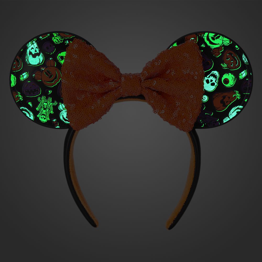 Minnie Mouse Glow-in-the-Dark Halloween Ear Headband with Sequined Bow for Adults