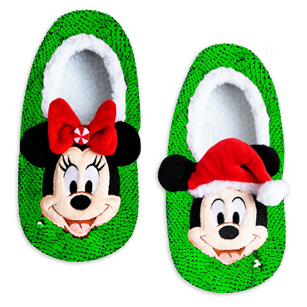 Mickey and Minnie Mouse Reversible Sequins Holiday Slippers for Adults