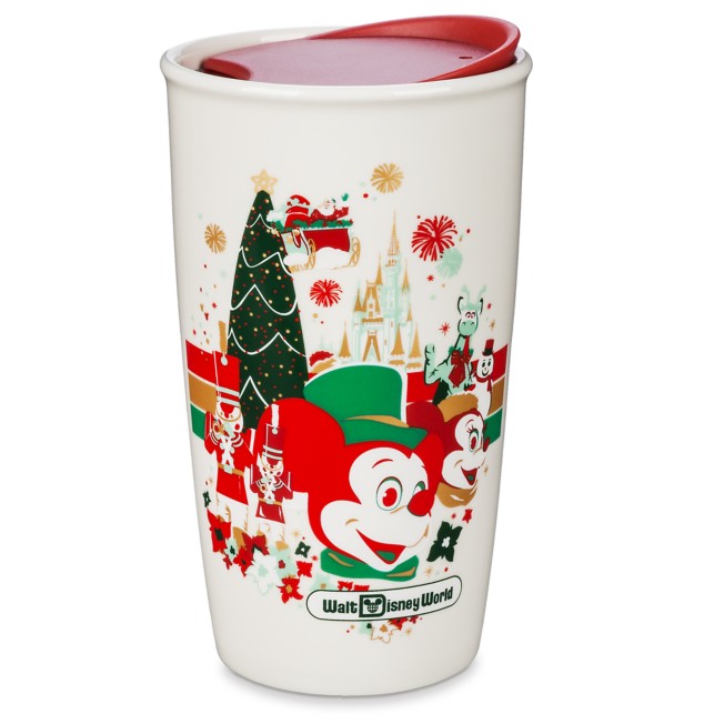 DISNEY MICKEY MOUSE 12 OZ CERAMIC HOLIDAY COFFEE CUP MUG CHRISTMAS SILICONE LID 