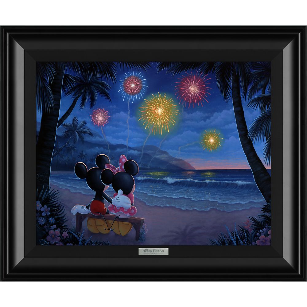 Mickey and Minnie Mouse Evening Fireworks on the Beach by Tim Rogerson Framed Canvas Artwork  Limited Edition Official shopDisney