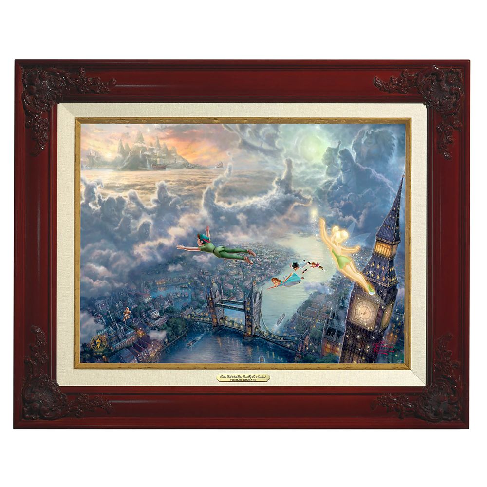 Tinker Bell and Peter Pan Fly to Never Land Framed Canvas Classic by Thomas Kinkade Official shopDisney