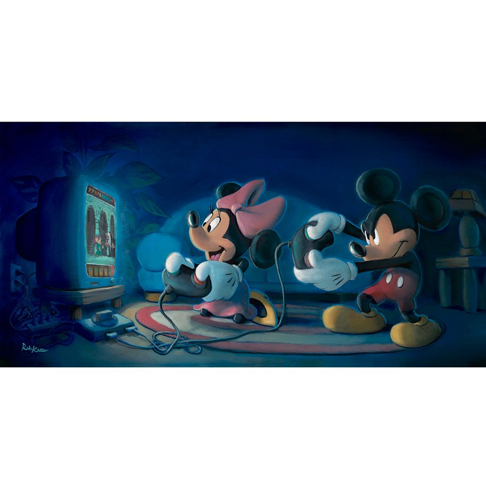 Mickey Mouse and Minnie Mouse ''Game Night'' Canvas Artwork by Rob Kaz – Runaway Brain – 15'' x 30'' – Limited Edition