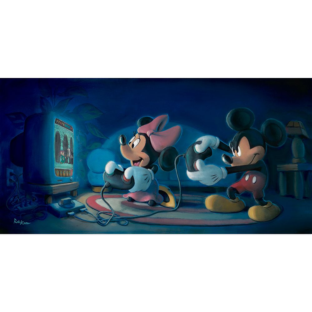 Mickey Mouse and Minnie Mouse ”Game Night” Canvas Artwork by Rob Kaz – Runaway Brain – 10” x 20” – Limited Edition now available for purchase