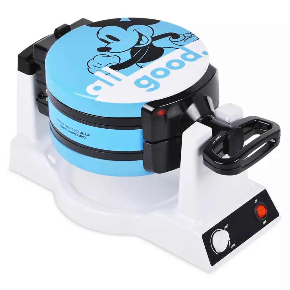 blue, black, and white Mickey and Minnie Mouse waffle maker