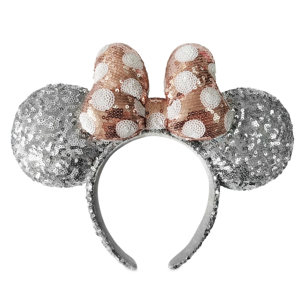 Minnie Mouse Silver Sequined Ear Headband with Rose Gold Bow