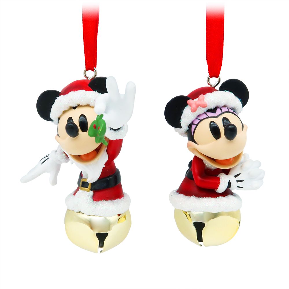 Santa Mickey and Minnie Mouse Bell Ornament Set