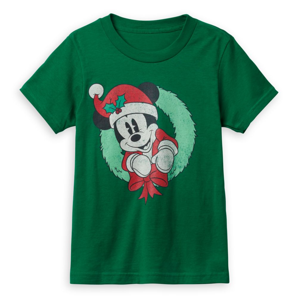 Santa Mickey Mouse Holiday Wreath T-Shirt for Kids here now