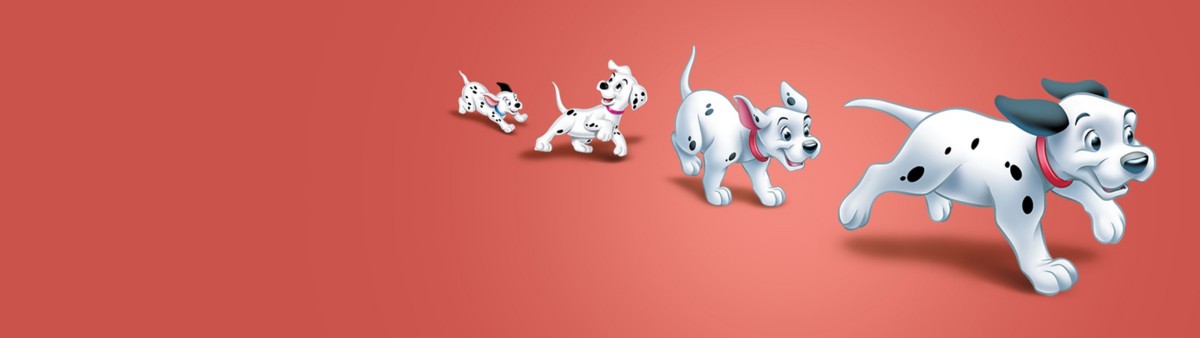 Cartoon dalmation puppies from 101 Dalmations joyfully running on a red background.