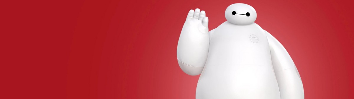 Baymax, the lovable robot, stands before a vibrant red backdrop, waving his hand in a friendly greeting.