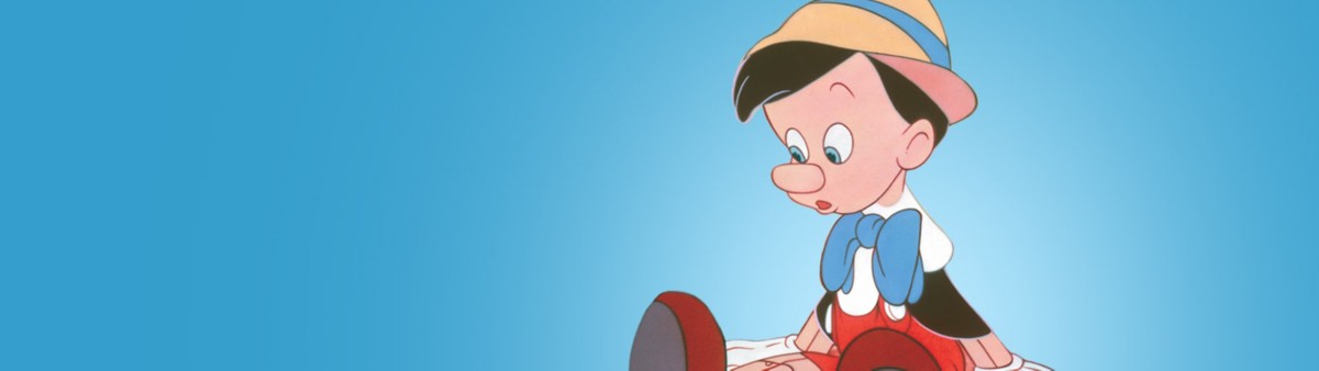 A blue background with a cartoon Pinocchio character sitting down.
