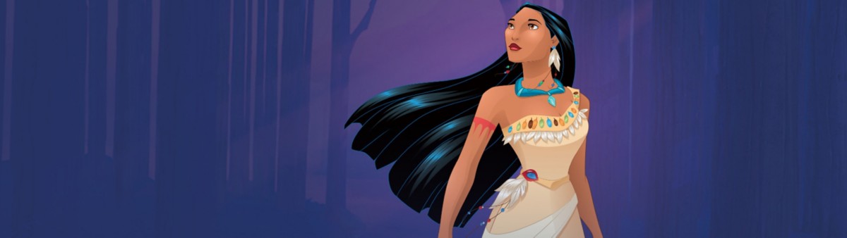 Animated Pocahontas with hair blowing in the wind, purple background.
