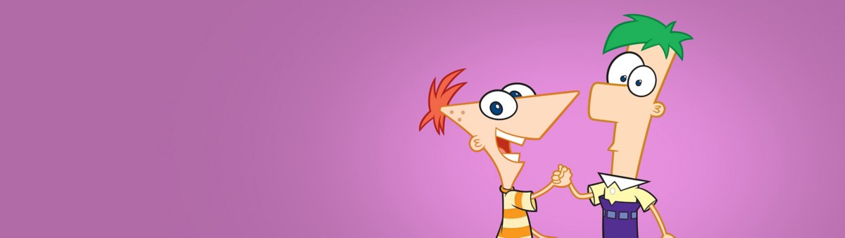 Phineas and Ferb shaking hands against a purple background.