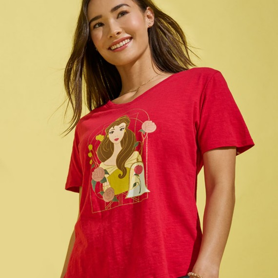 Young woman wearing a red Beauty and the Beast shirt featuring a design of Belle.