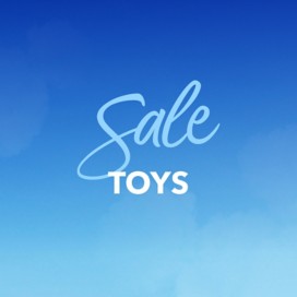 Blue sky background with "sale toys" text in white.