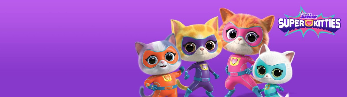 "Disney Junior Super Kitties". Image of characters Buddy, Sparks, Ginny and Bitsy standing against a purple background.