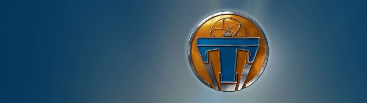 Logo from the Tomorrowland movie against a light gray background.