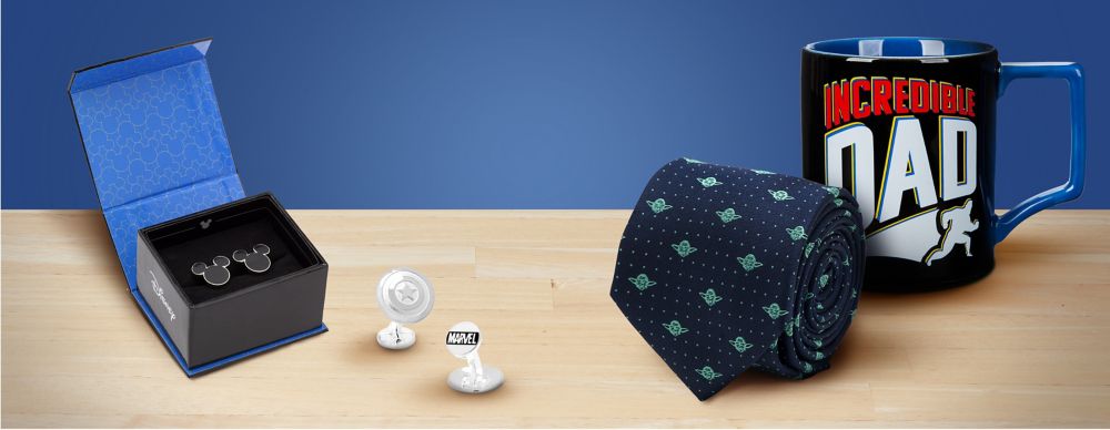 Mickey cufflinks, Marvel cufflinks, Yoda tie and Mr. Incredible mug